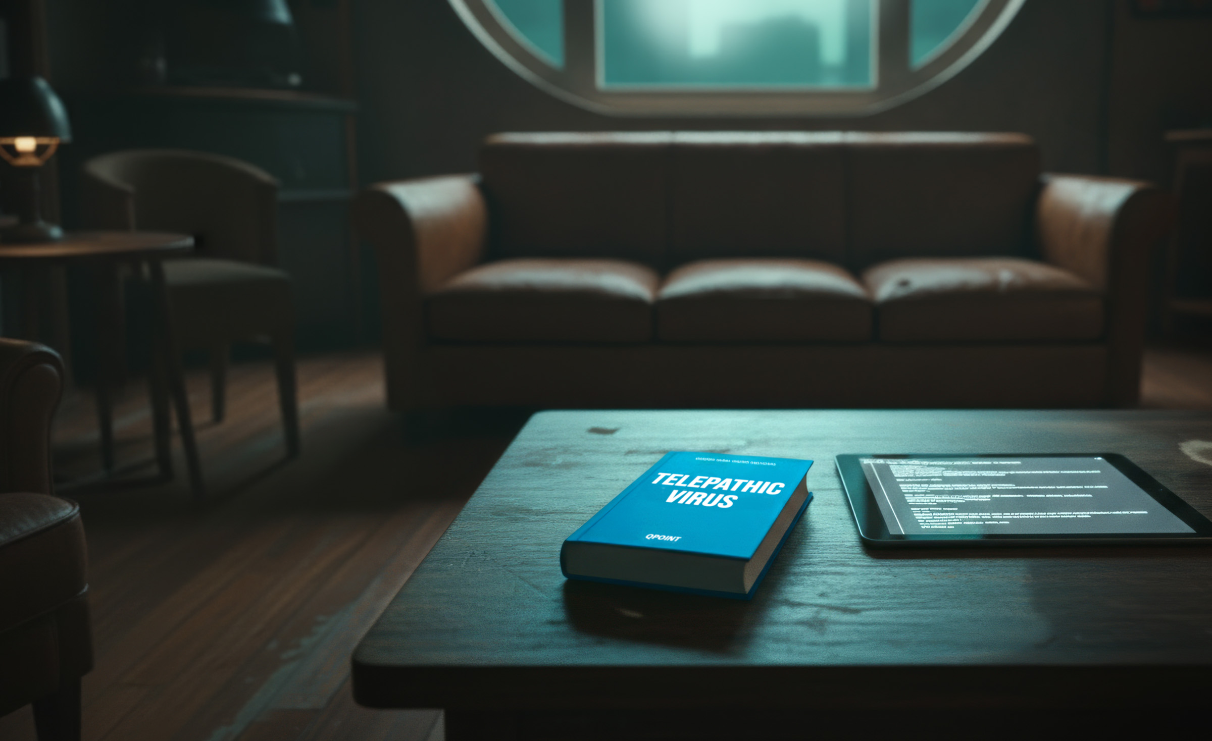 Libro Virus Telepático sobre mesa con tablet en un living futurista